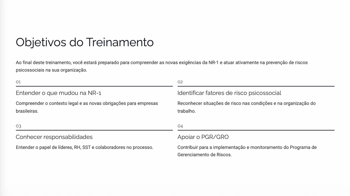 Página de objetivos do treinamento NR-1